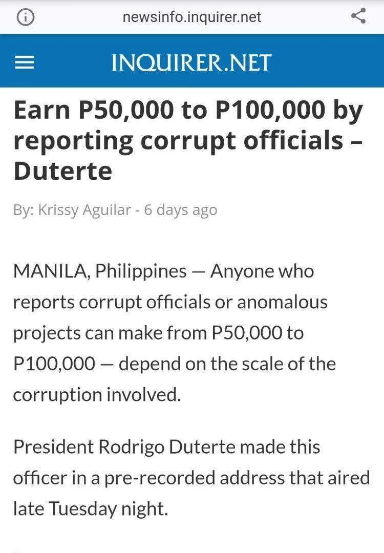 Earn P50,000 to P100,000 by reporting corrupt officials – PRRD