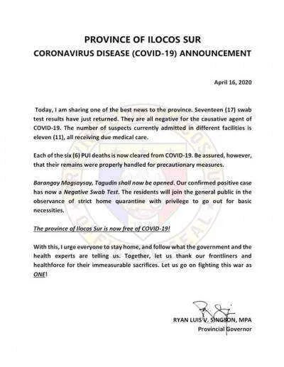 Ilocos Sur is now free from Covid-19