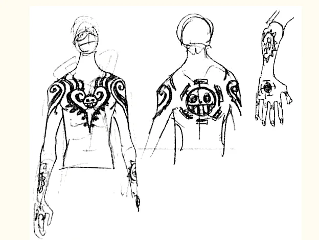 What’s the name of Law’s sword? How many tattoos does Law-san have?