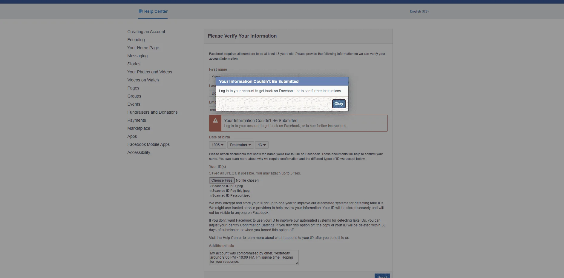 Error in Verfying my Information with my ID's.webp