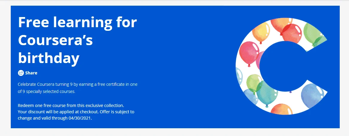Coursera Free 1 Course: Promo Until April 30, 2021 Only