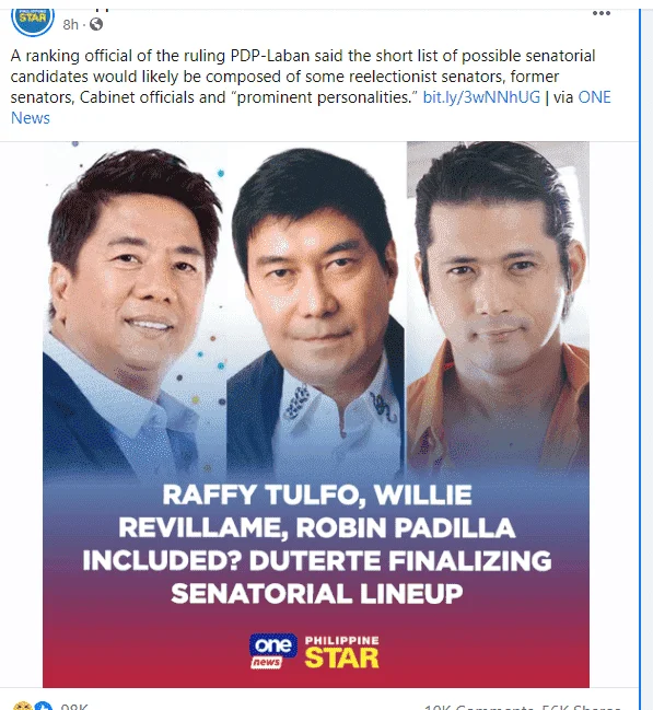 PDP-Laban said the short list of possible senatorial candidates