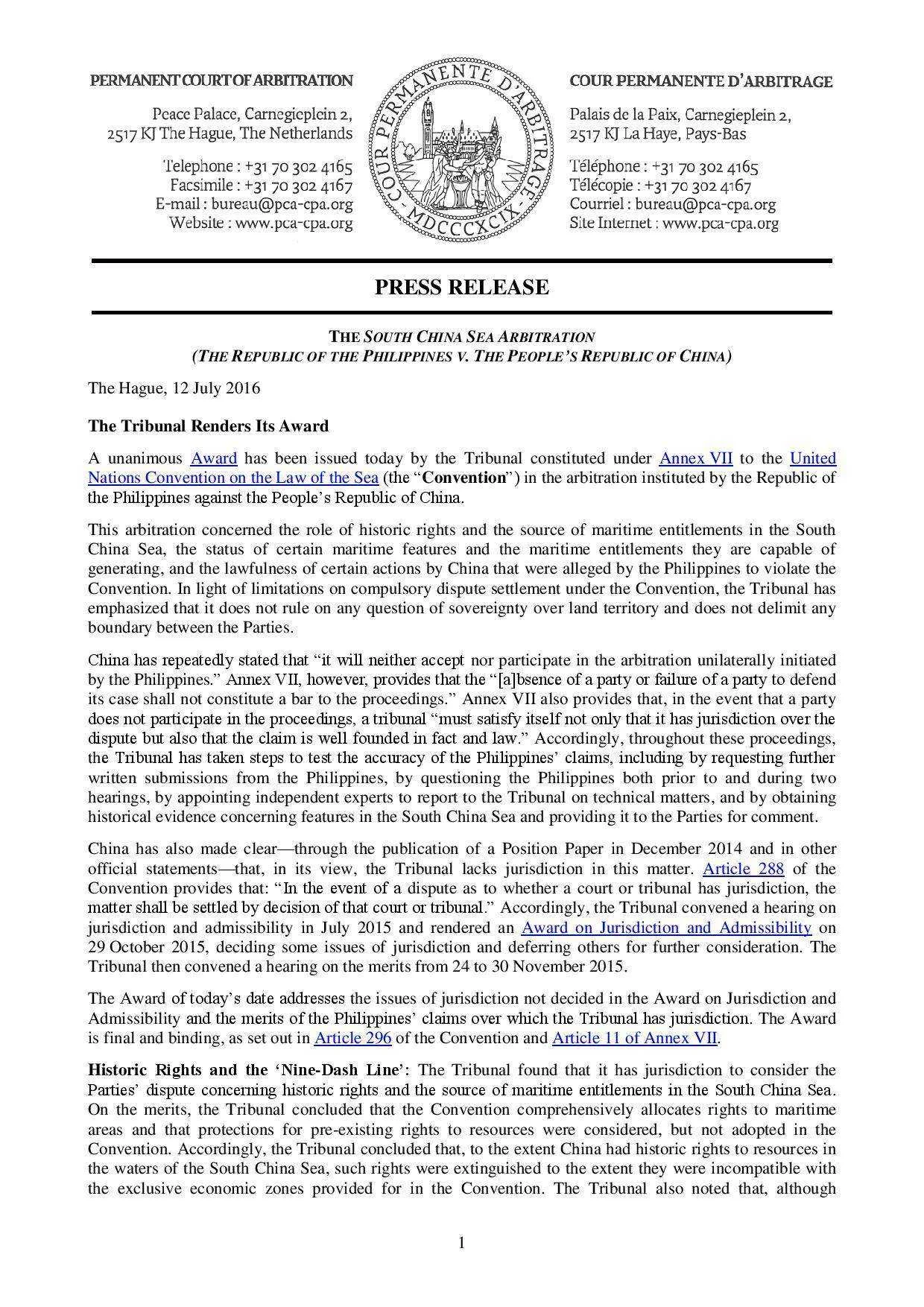 FULL TEXT Int'l tribunal announcement of ruling in PHL case vs. China