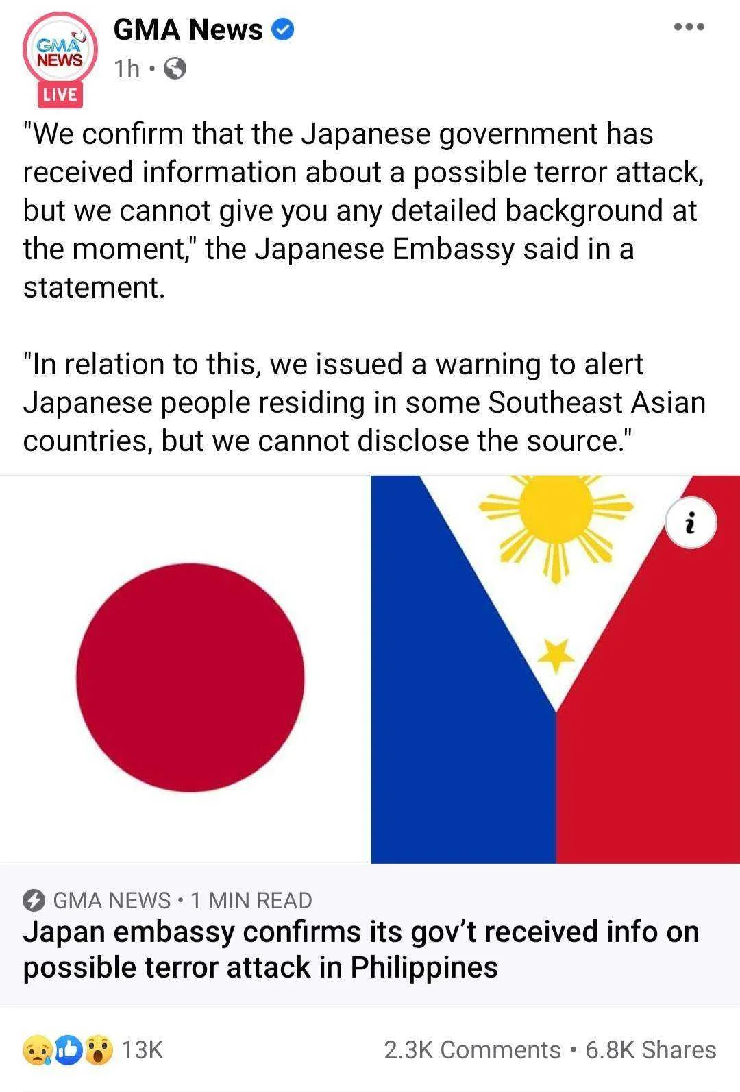 Japan Embassy confirms it's gov't received info on possible terror attack in Philippines
