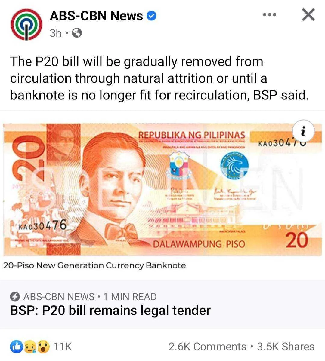 The P20 bill will be gradually removed from circulation through natural attrition or until a banknote is no longer fit for recirculation, BSP said.