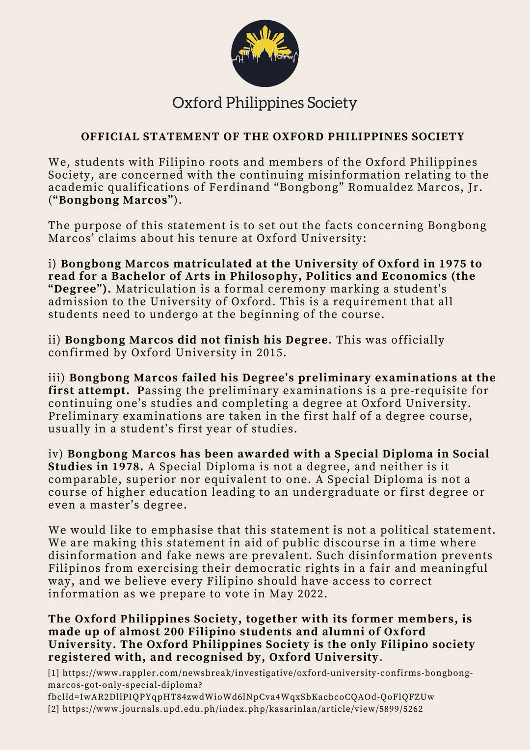 BBM Magic Diploma - Official Statement of the Oxford Philippines Society