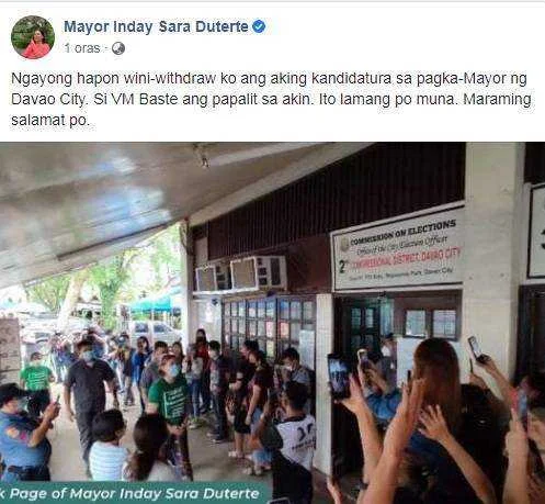 Sara Duterte wíhdráws reelection bid