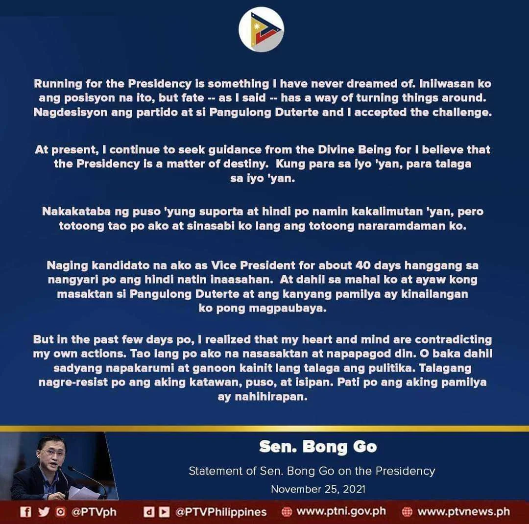 Sen. Bong Go Statement