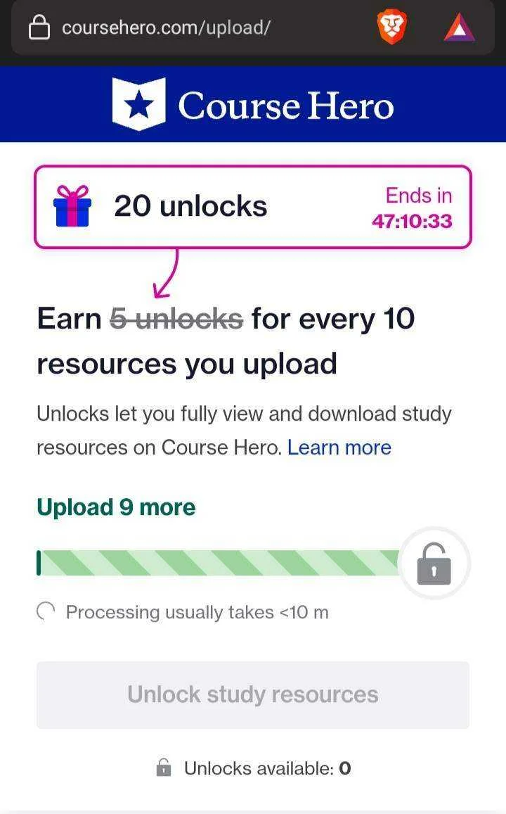 Coursehero 20 Unlocks Every 10 uploads