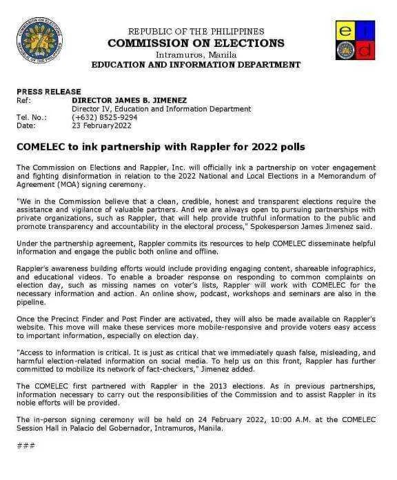 COMELEC partnership with Rappler for 2022 polls
