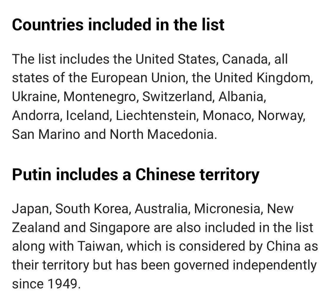 Russia's list of countries who've taken unfriendly actions'