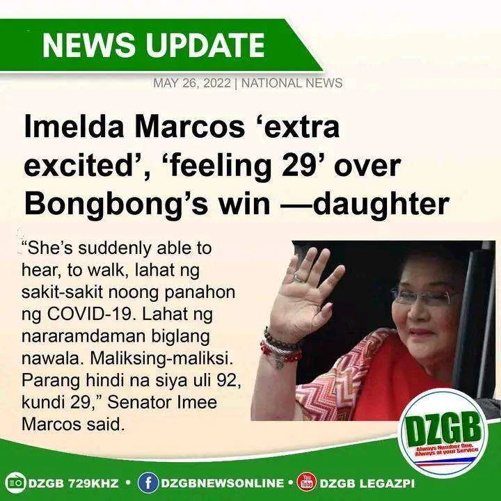 Imelda Marcos, Gumaling Sa sakit dahil sa election?