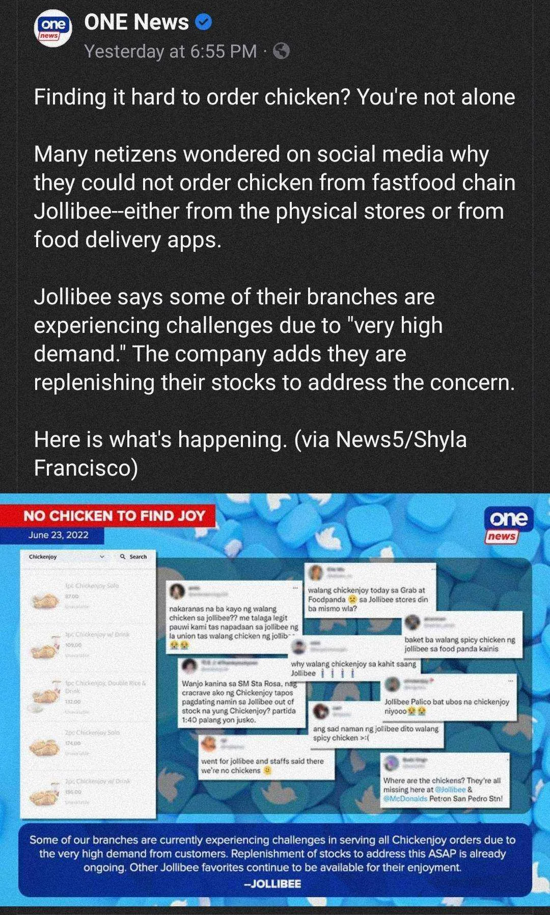 Ubos manok ni Jollibee