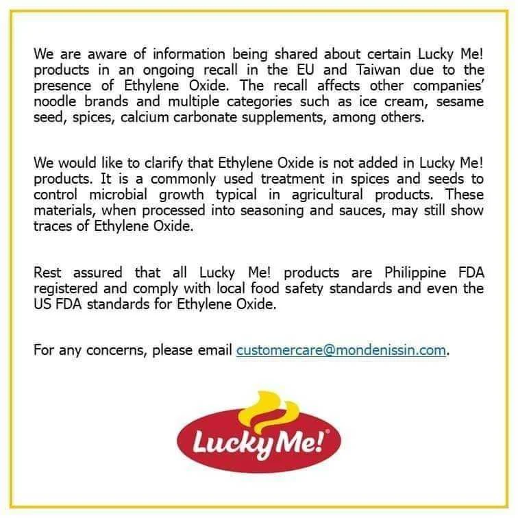 Lucky Me! Statement on Ethylene Oxide
