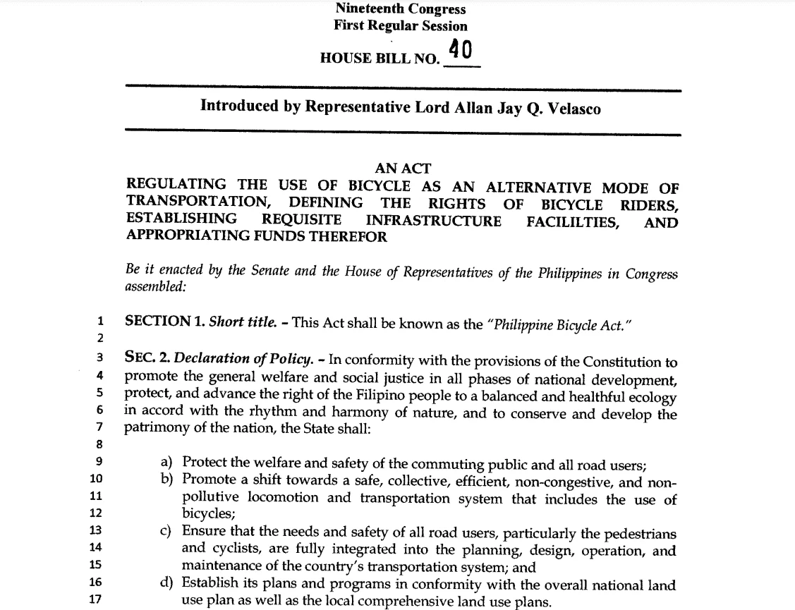 Congress pushing house bill # 40; the Philippine Bicycle Act