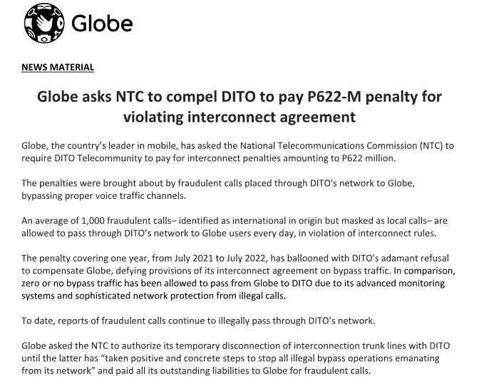 READ: Globe asks NTC to compel DITO to pay P622-million penalty for violating interconnect agreement.