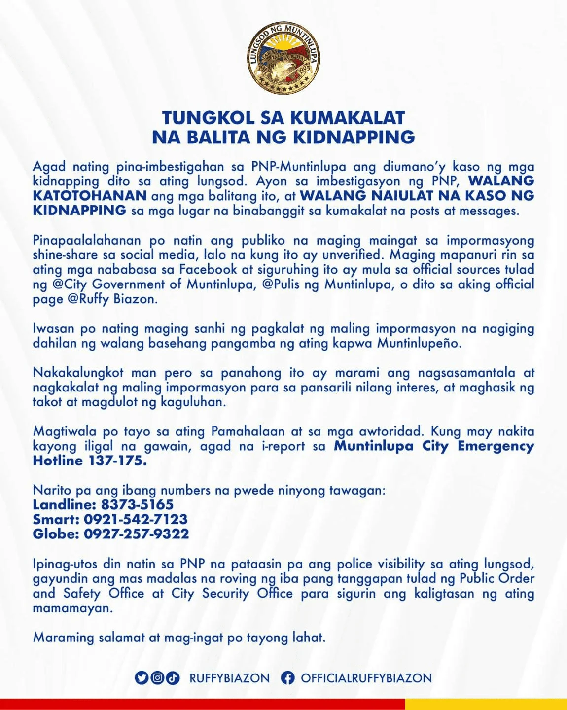 TUNGKOL SA KUMAKALAT NA BALITA NG KIDNAPPING SA MUNTINLUPA