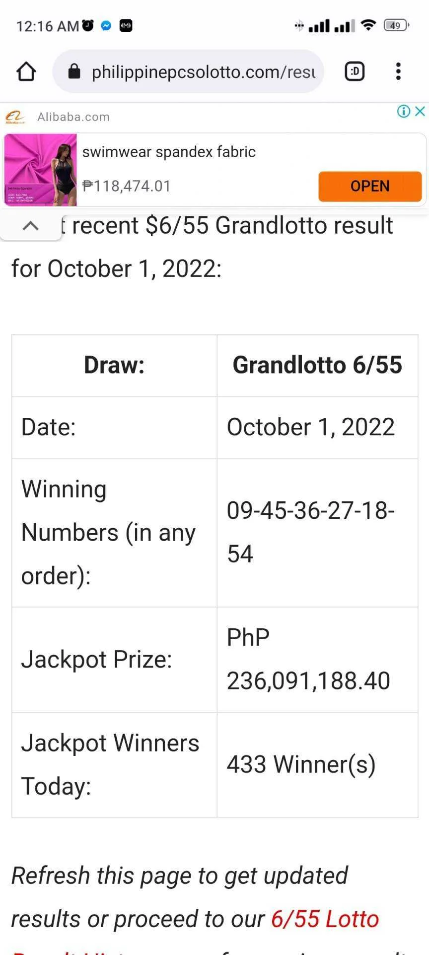 PCSO LOTTO 6/55 236Million - 433 winners