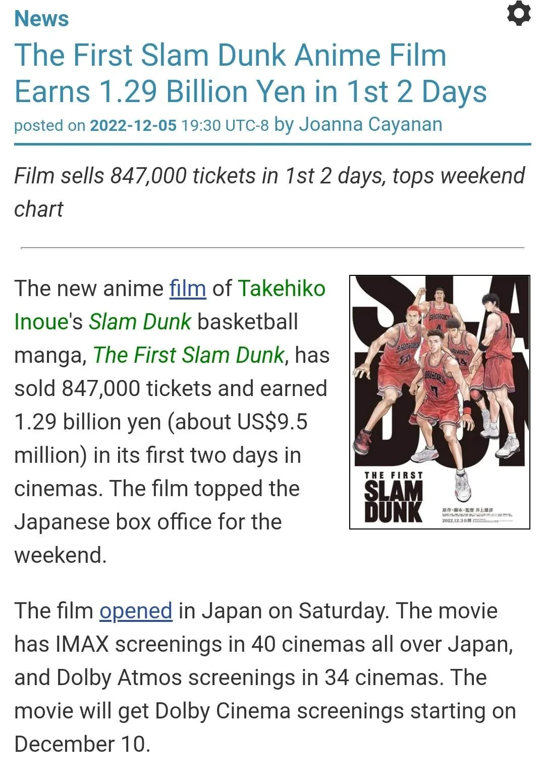 In 1st 2days The First Slam Dunk Film Earns 1.29 Biilion Yen