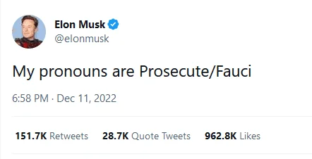 Elon Musk tweets that his pronouns are 'Prosecute/Fauci'