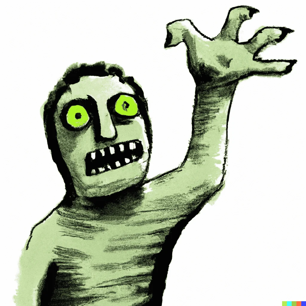 DALL·E 2022-12-31 18.14.31 - Impression art of zombie raising right hand.webp