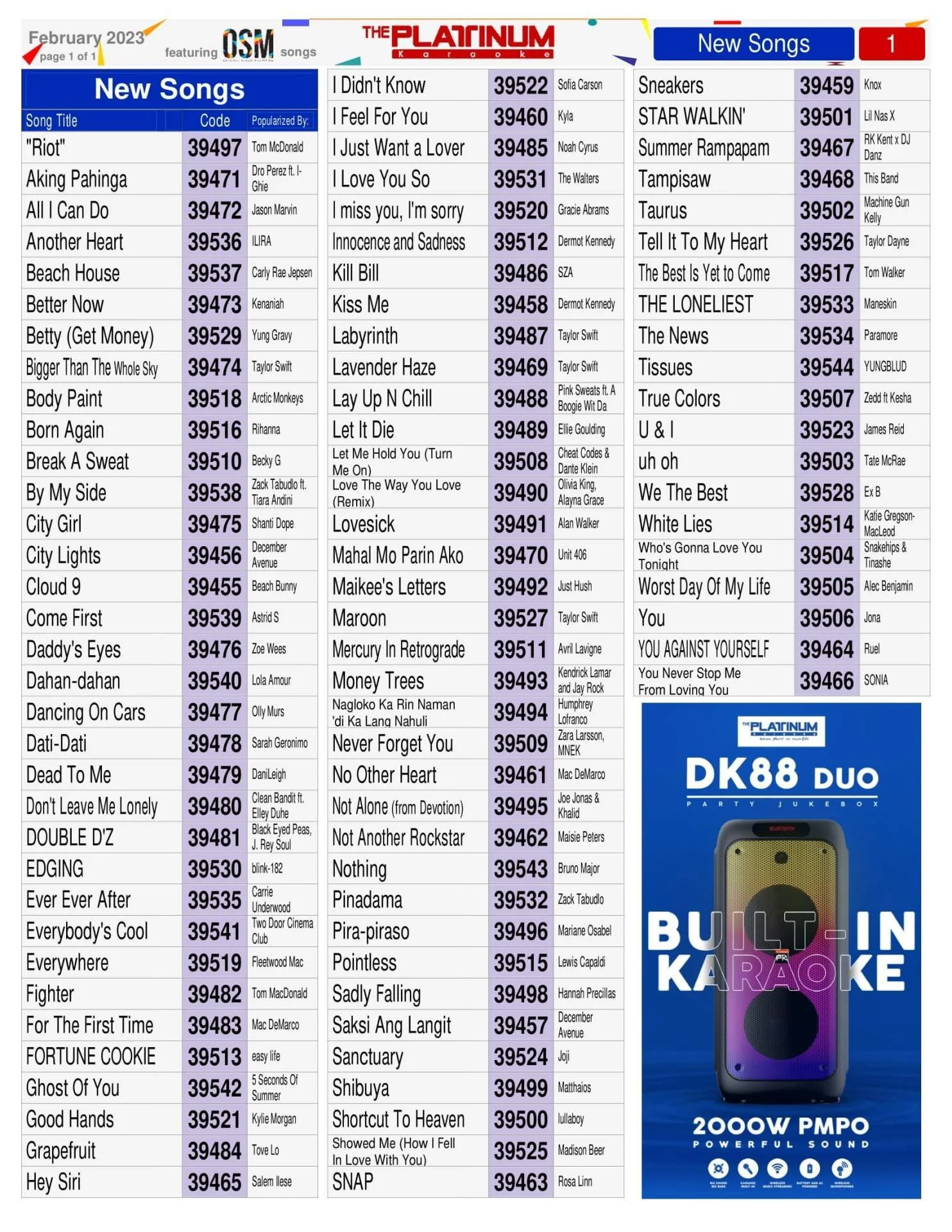 February 2023 New Songs for Platinum Karaoke Major, Alpha, Cello, X3, Piano XL (HDD Series)