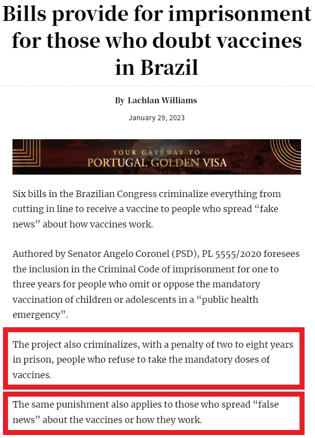 Dictatorship in Brazil: New bill in Brazil aiming at imprisoning from 2 to 8 years anyone who refuses to be vaccinated or who gives his opinion