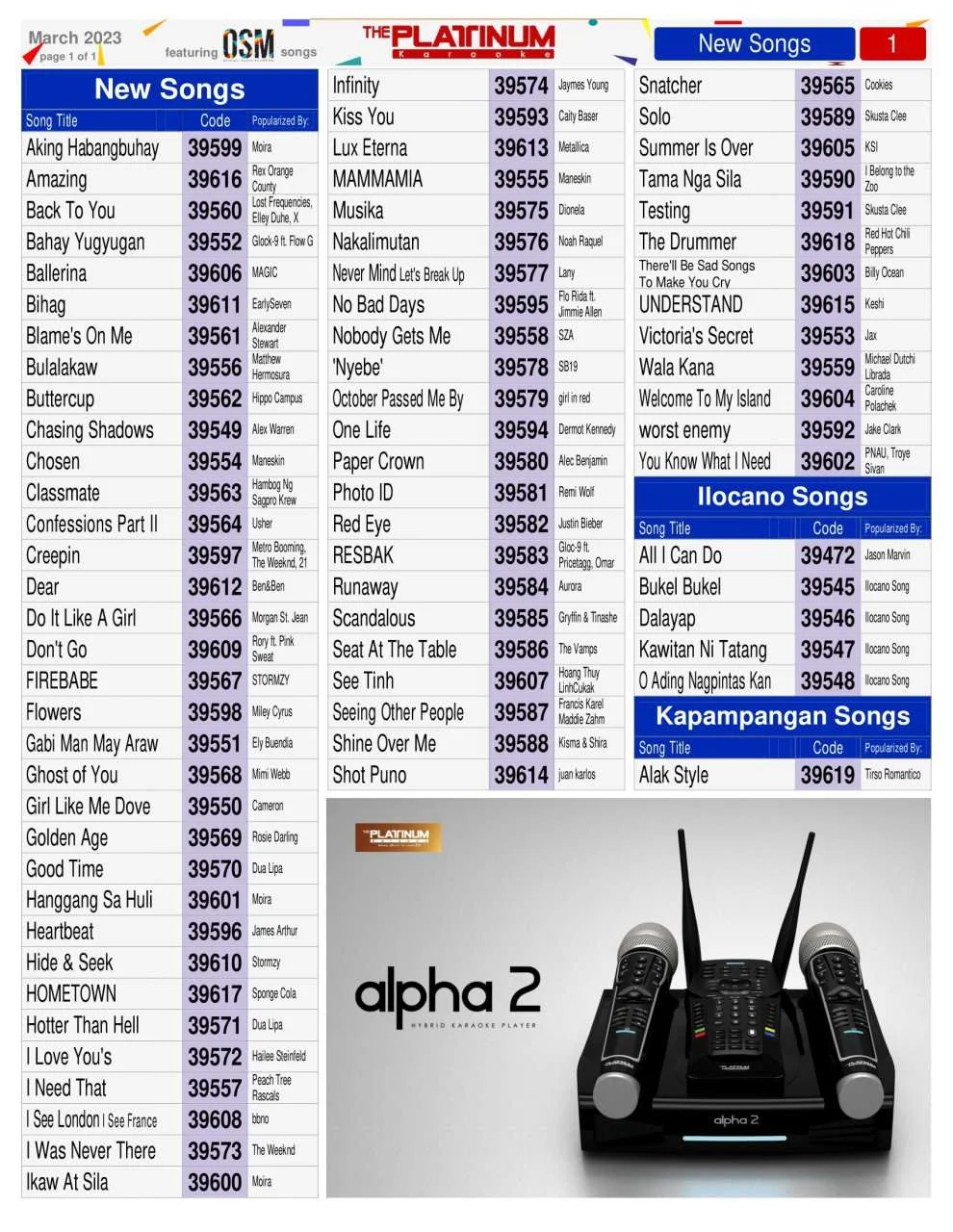 March 2023 Song Update - Platinum Karaoke Major/Alpha