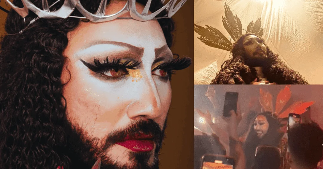 Drag queen Pura Luka Vega's portrays Jesus Christ while jamming to a remix of Ama Namin
