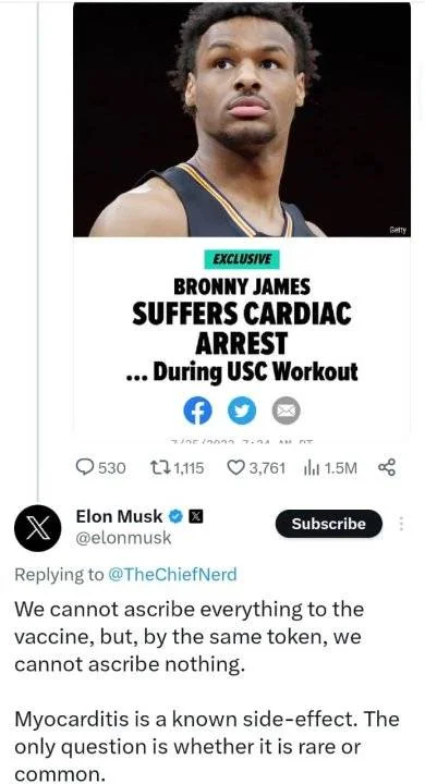Elon Musk connects Bronny James cardiac arrest to COVID vaccine