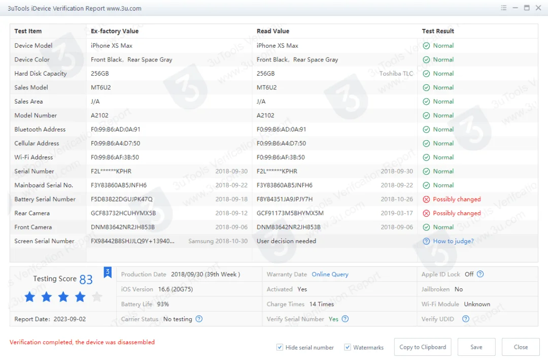 iPhone XS Max_iDevice Verification Report_0003390A1A28002E.png