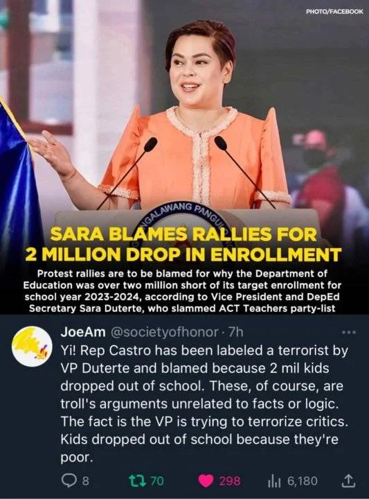 Sara blames rallies for 2 million drop in enrollment