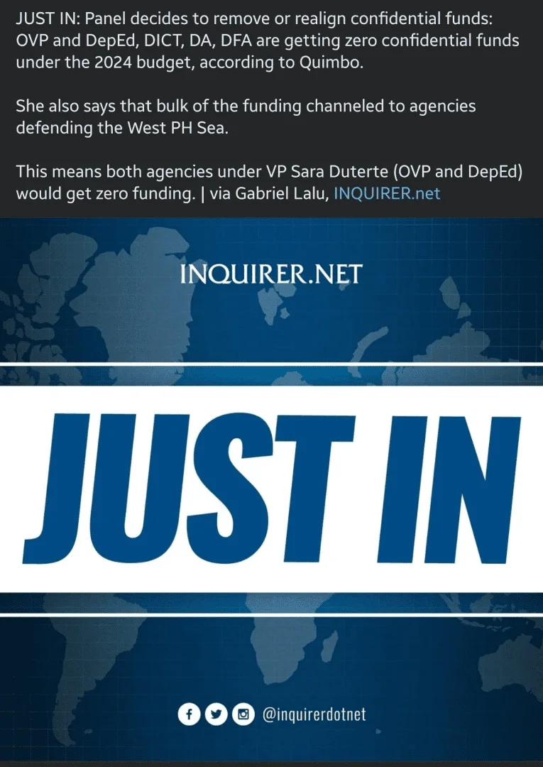 Sara Duterte OVP and DEPED to get 0 confidential funds in 2024 National Budget