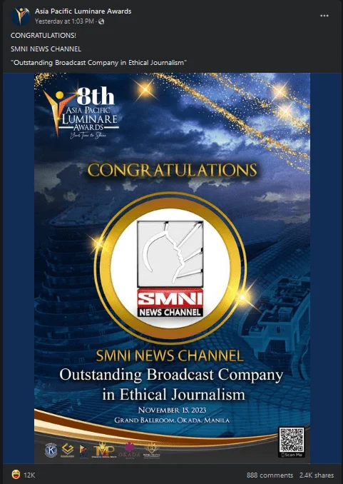 The most irrelevant news channel SMNI awarding themselves