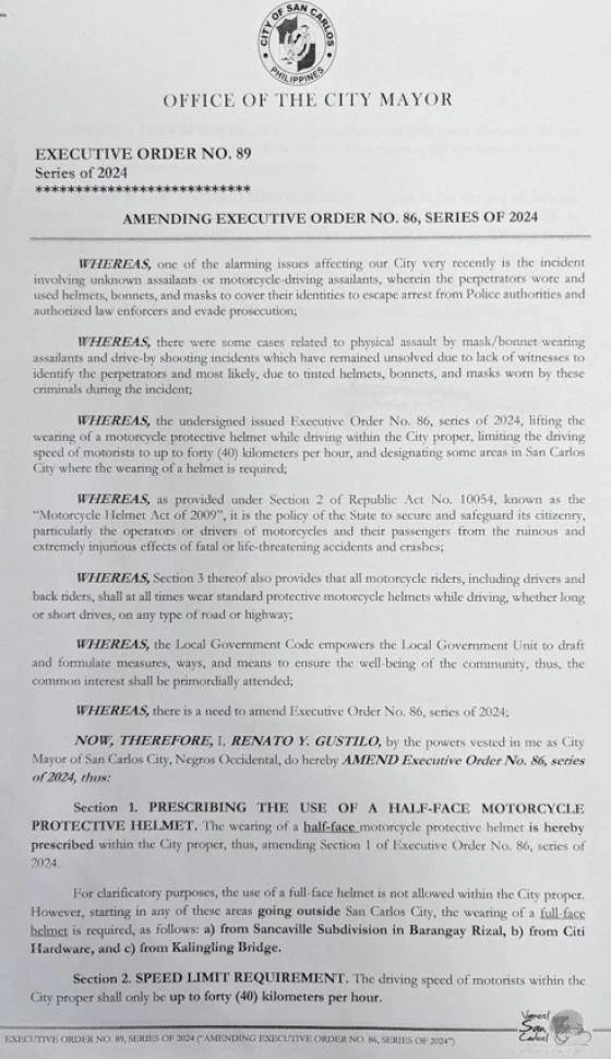 San Carlos City mayor bans use of full face helmet