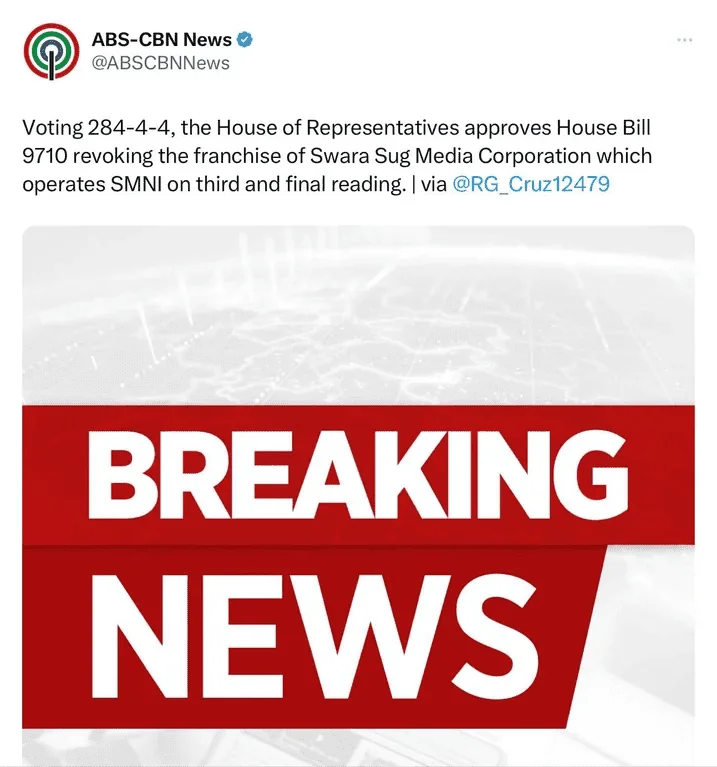 House approves bill revoking franchise of SMNI