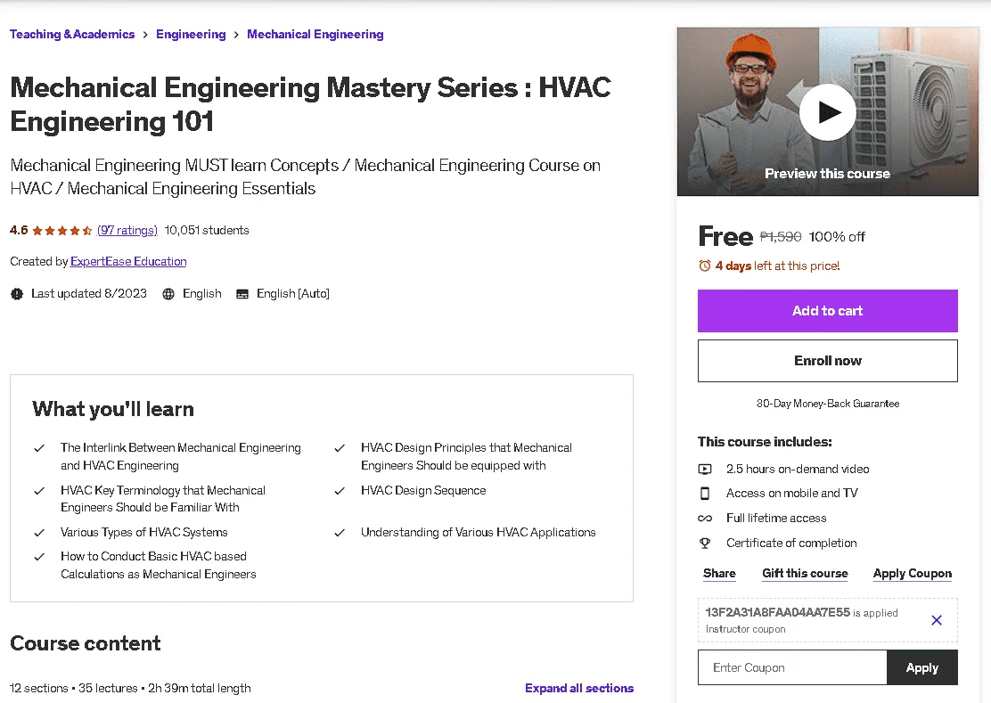 Free Udemy Course: Mechanical Engineering Mastery Series : HVAC Engineering 101