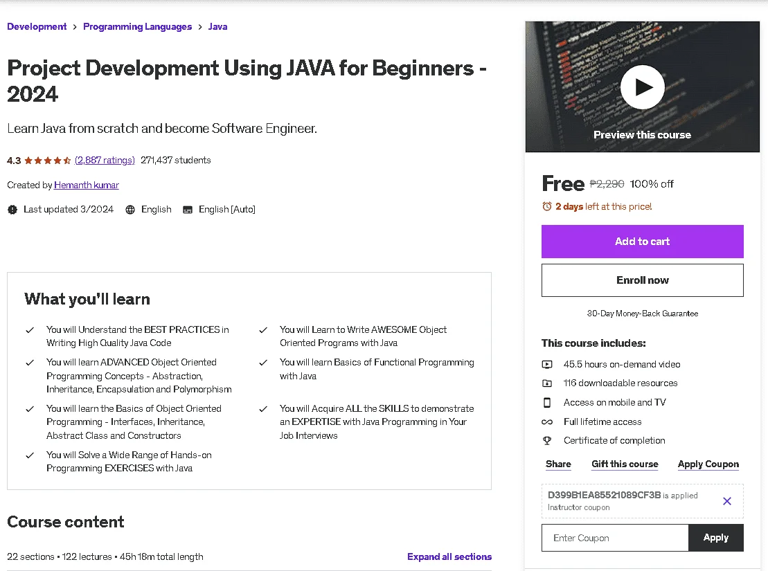 Free Udemy Course: Project Development Using JAVA for Beginners - 2024