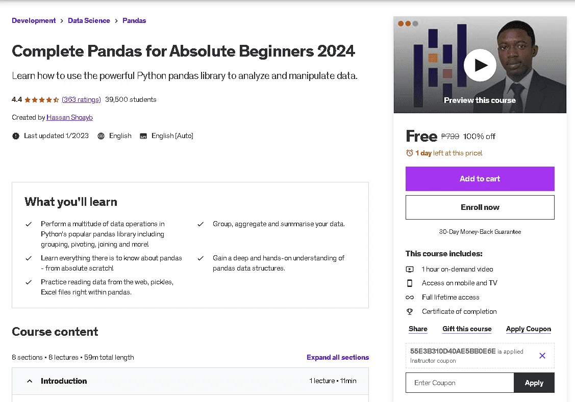 Free Udemy Course: Complete Pandas for Absolute Beginners 2024