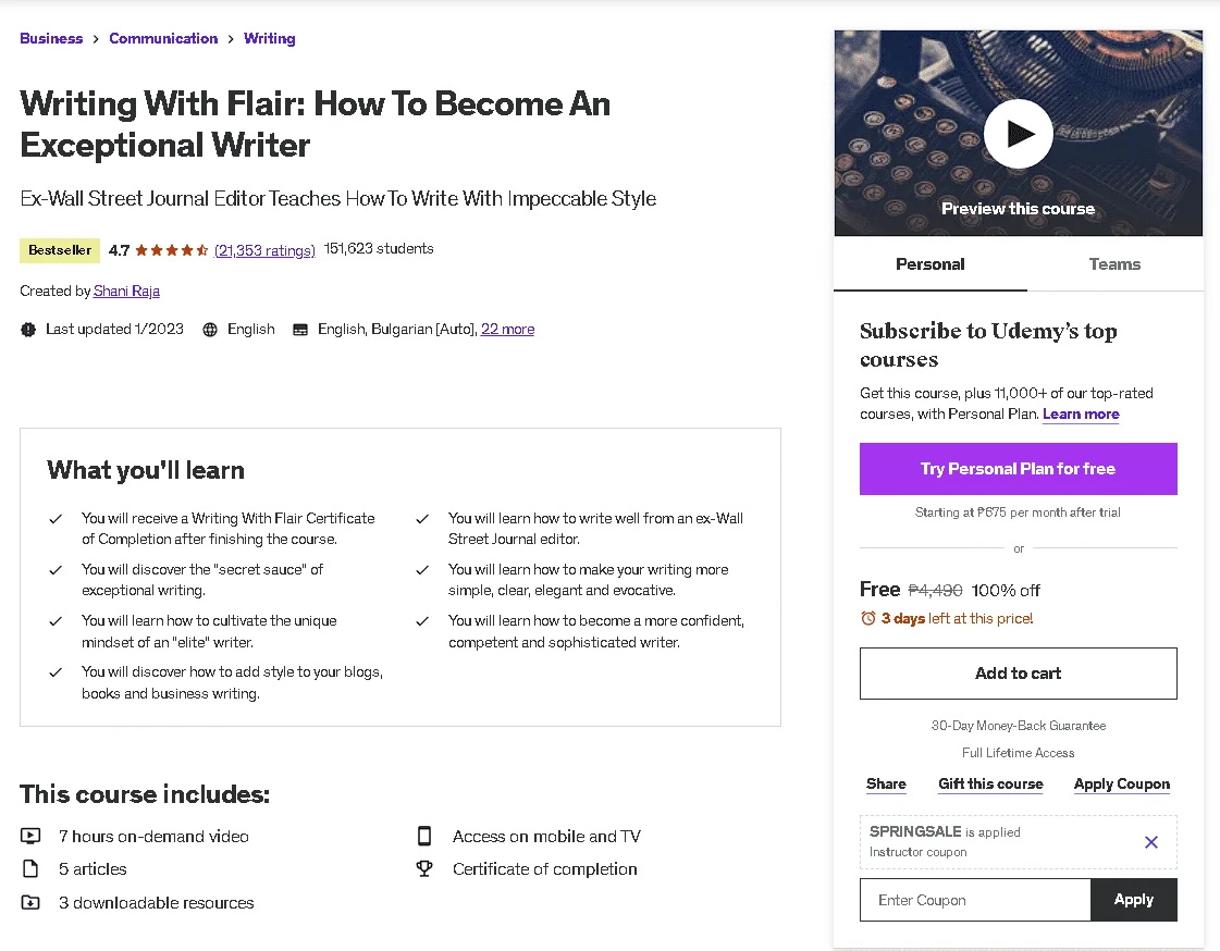 Free Udemy Course: Writing With Flair: How To Become An Exceptional Writer