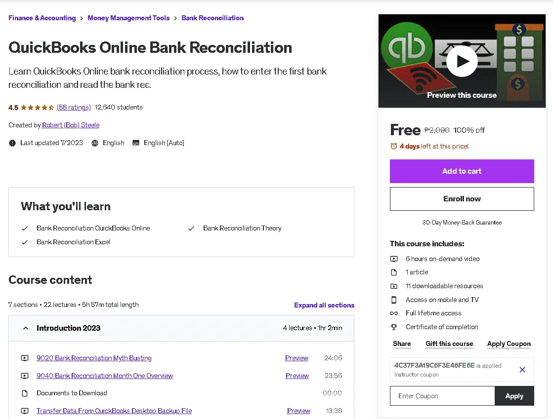 Free Udemy Course: QuickBooks Online Bank Reconciliation