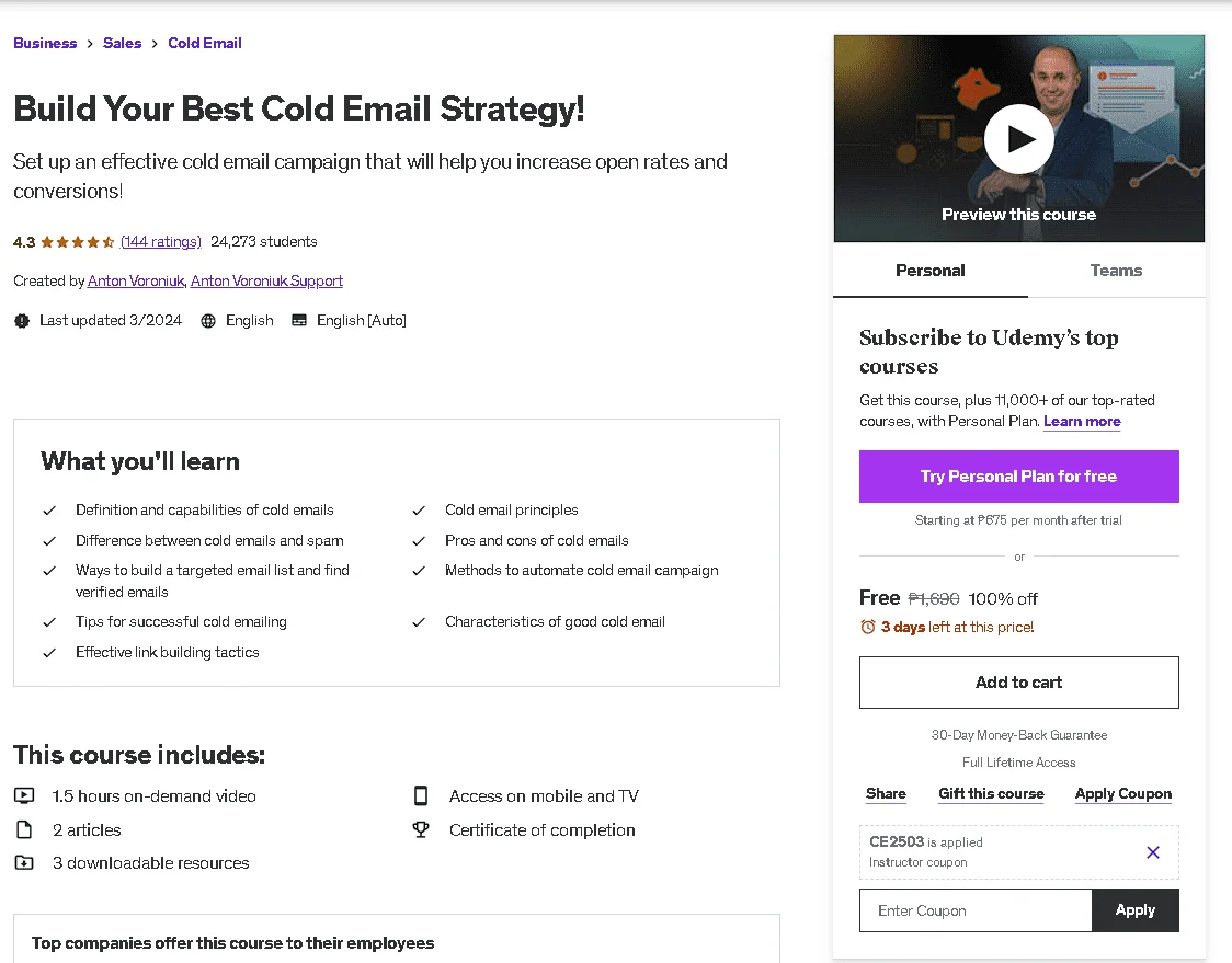 Free Udemy Course: Build Your Best Cold Email Strategy!