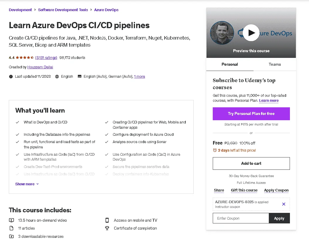 Free Udemy Course: Learn Azure DevOps CI/CD pipelines