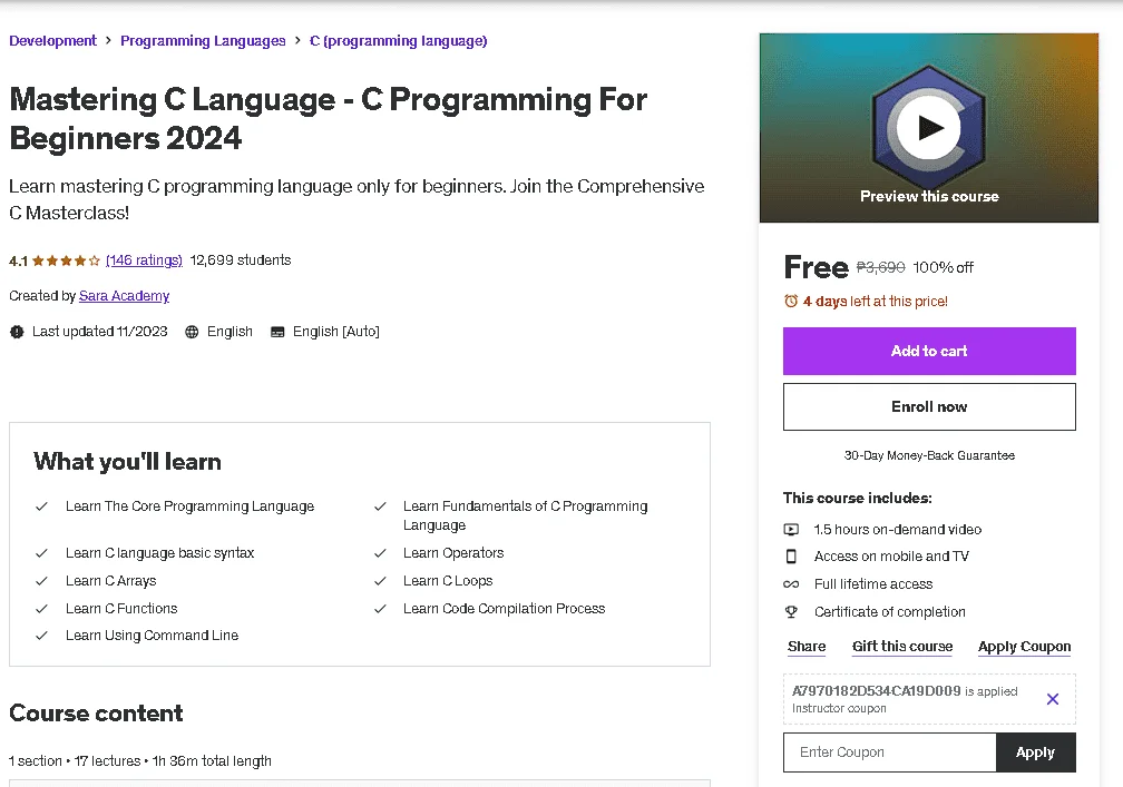 Free Udemy Course: Mastering C Language - C Programming For Beginners 2024