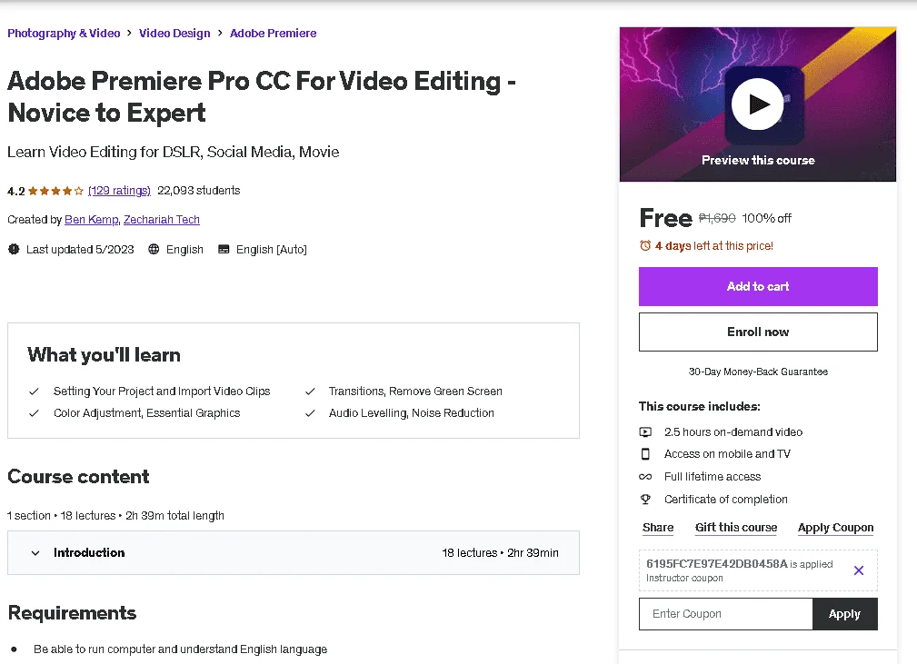 Free Udemy Course: Adobe Premiere Pro CC For Video Editing - Novice to Expert