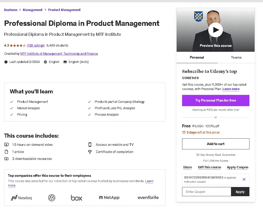 Free Udemy Course: Professional Diploma in Product Management