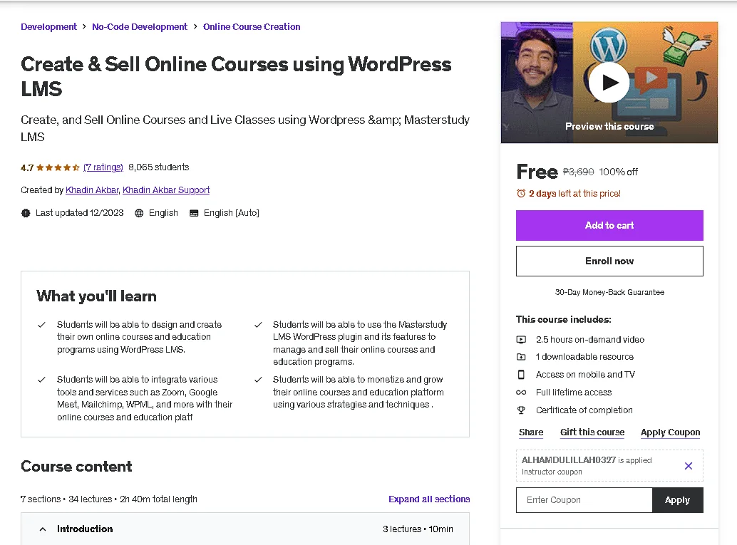 Free Udemy Course: Create & Sell Online Courses using WordPress LMS