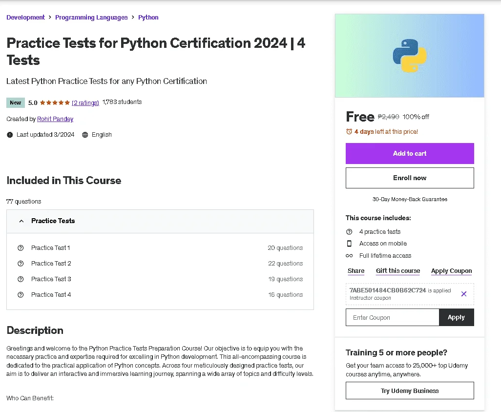 Free Udemy Course: Practice Tests for Python Certification 2024 | 4 Tests
