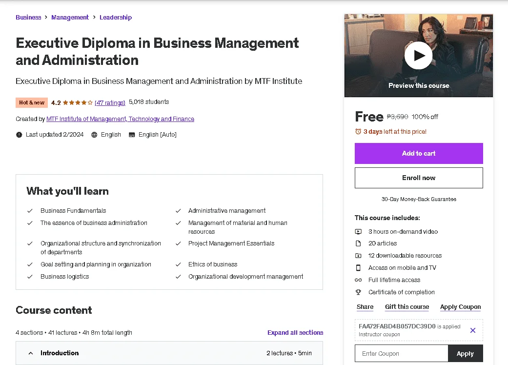 Free Udemy Course: Executive Diploma in Business Management and Administration