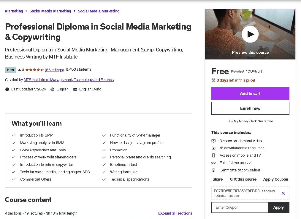 Free Udemy Course: Professional Diploma in Social Media Marketing & Copywriting